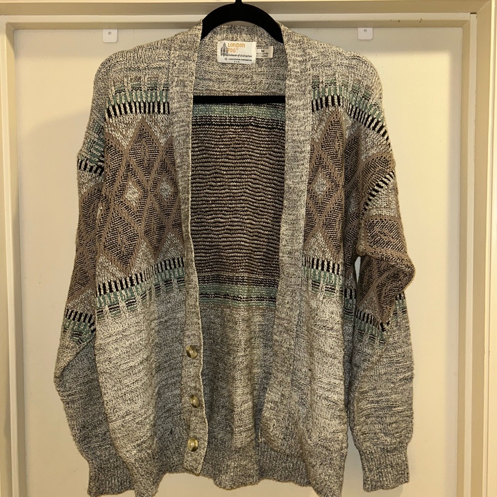 Vintage London Fog Size M Grey and Brown Patterned Cardigan